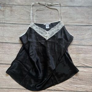 Linea Donatella Satin Lace Babydoll Top Black Camisole Womens XL Pearls Fairy‎